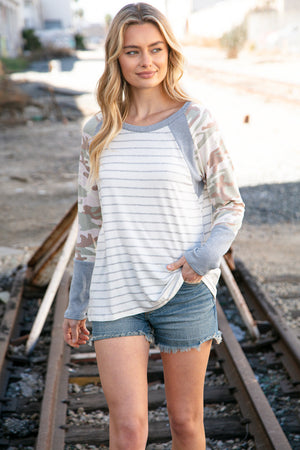 Grey Stripe Textured Knit Camo Raglan Top