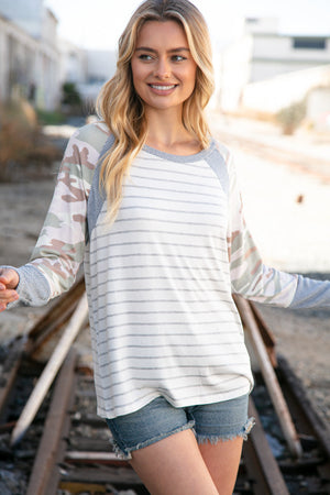 Grey Stripe Textured Knit Camo Raglan Top