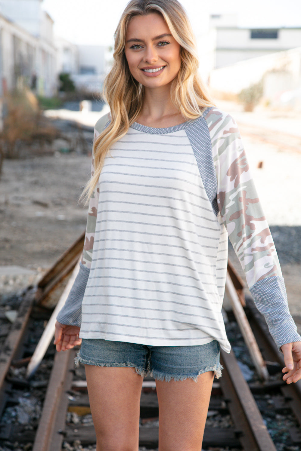 Grey Stripe Textured Knit Camo Raglan Top