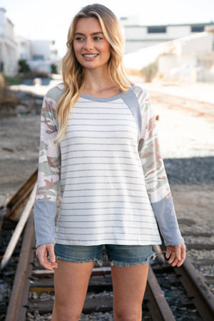 Grey Stripe Textured Knit Camo Raglan Top