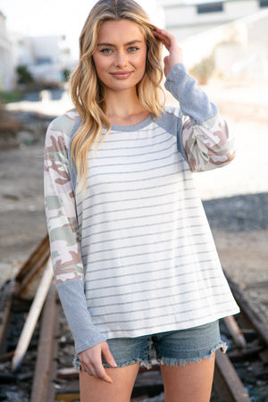 Grey Stripe Textured Knit Camo Raglan Top