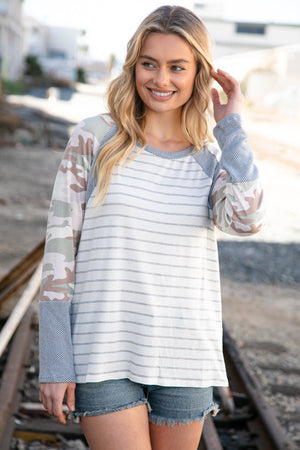 Grey Stripe Textured Knit Camo Raglan Top