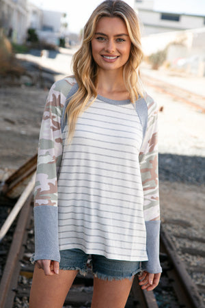 Grey Stripe Textured Knit Camo Raglan Top