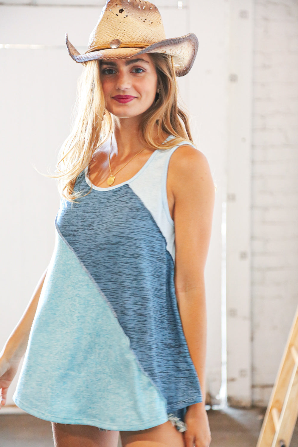 Blue Asymmetrical Outseam Color Block Tank Top