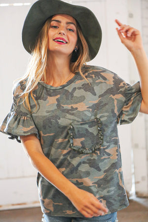 Camo Ruffle Frill Sleeve Dolman Front Pocket Top