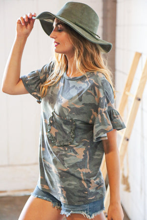 Camo Ruffle Frill Sleeve Dolman Front Pocket Top