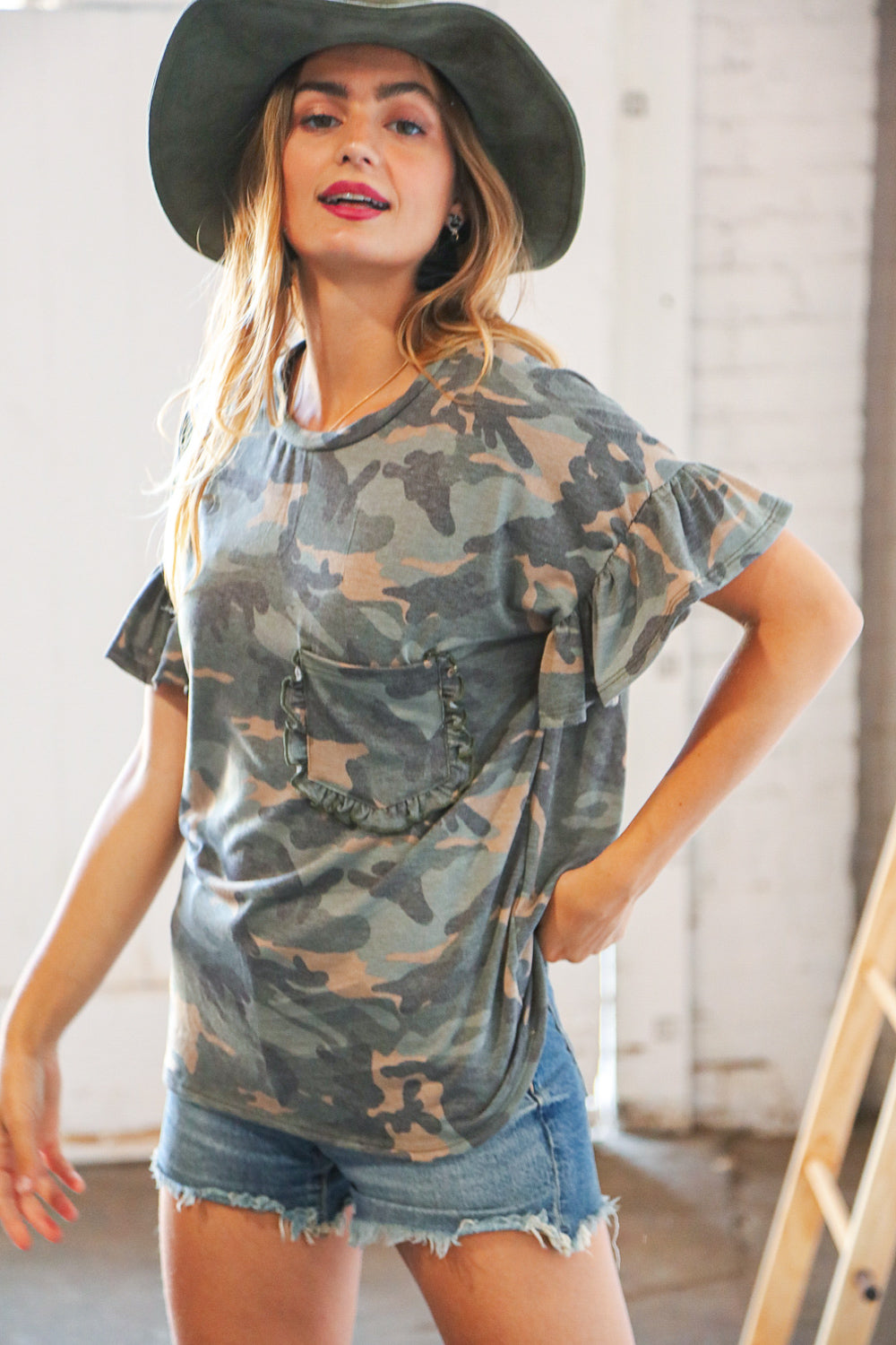 Camo Ruffle Frill Sleeve Dolman Front Pocket Top