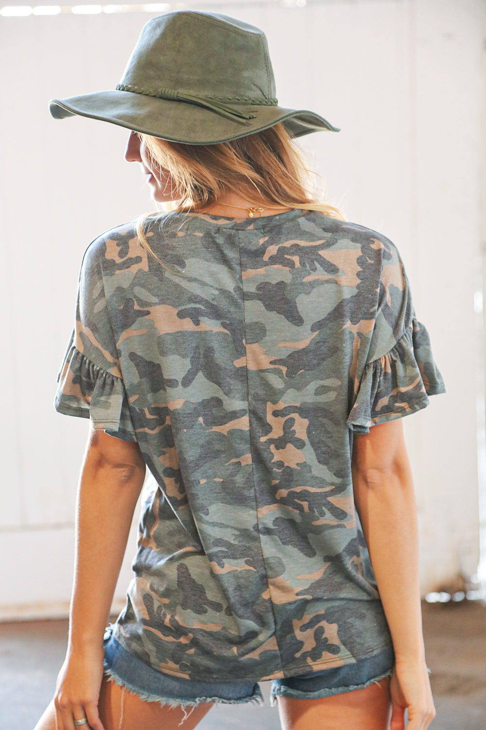 Camo Ruffle Frill Sleeve Dolman Front Pocket Top