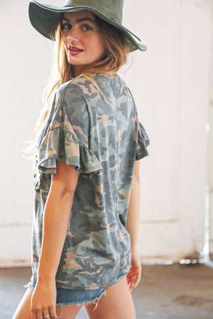 Camo Ruffle Frill Sleeve Dolman Front Pocket Top