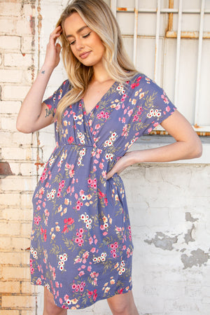 Lavender Floral Surplice Elastic Waist Pocket Dress