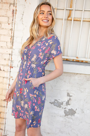 Lavender Floral Surplice Elastic Waist Pocket Dress