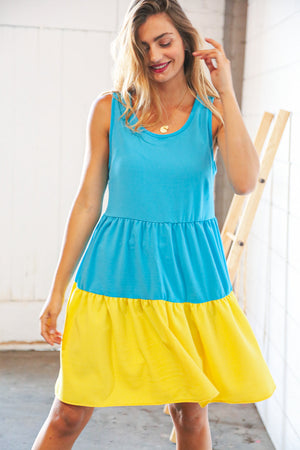 Blue Flare Color Block Tiered Woven Dress