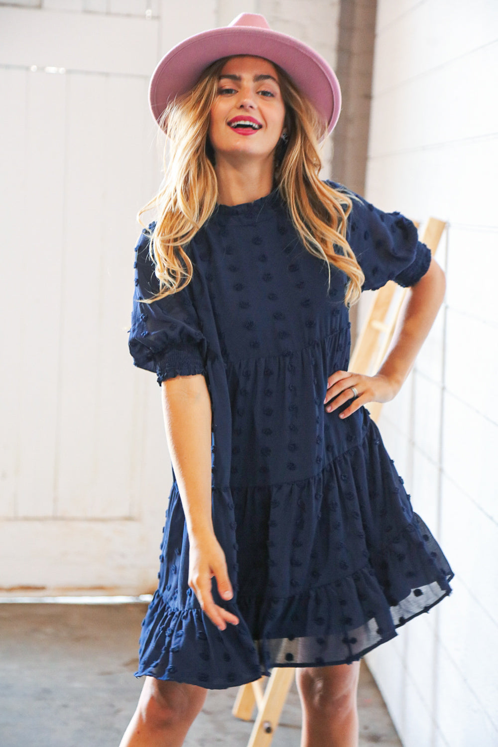 Navy Chiffon Swiss Dot Bubble Sleeve Frill Lined Dress