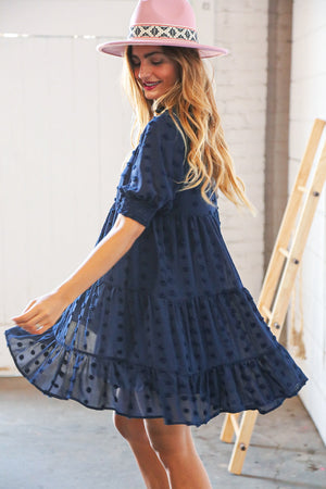 Navy Chiffon Swiss Dot Bubble Sleeve Frill Lined Dress