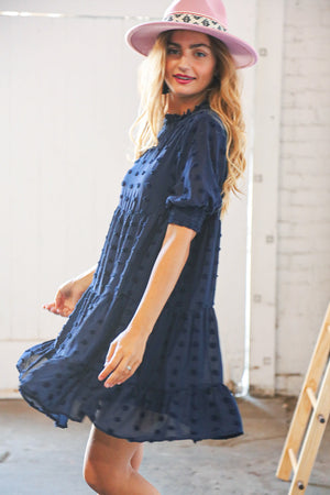 Navy Chiffon Swiss Dot Bubble Sleeve Frill Lined Dress