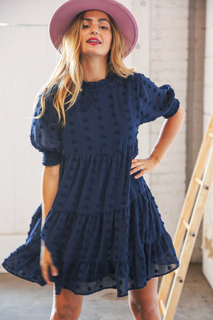 Navy Chiffon Swiss Dot Bubble Sleeve Frill Lined Dress