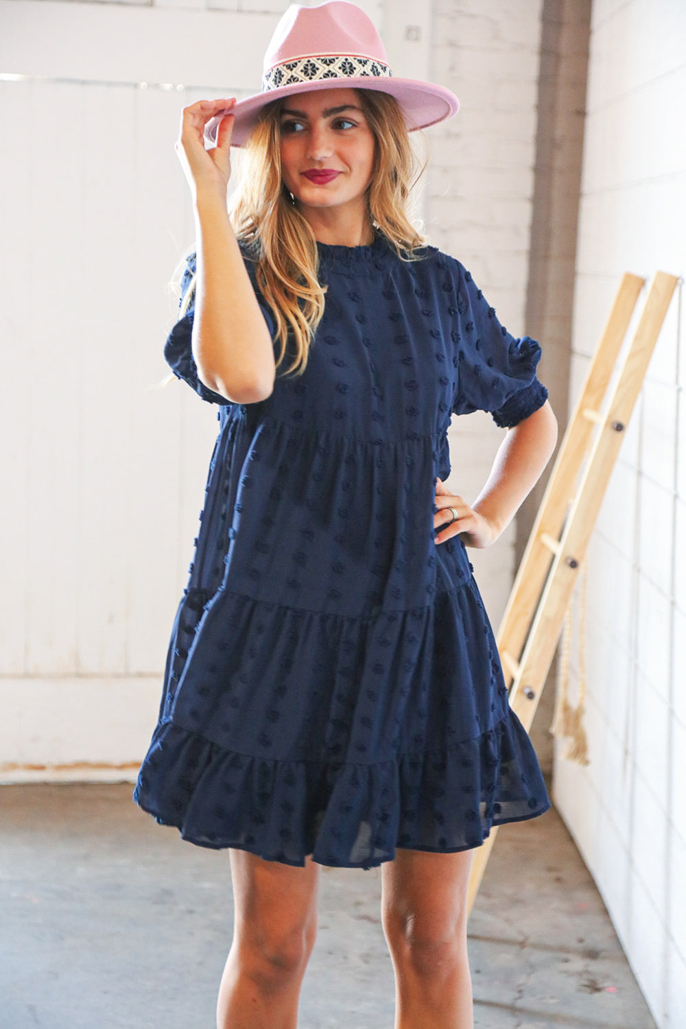 Navy Chiffon Swiss Dot Bubble Sleeve Frill Lined Dress