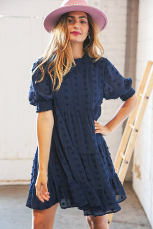 Navy Chiffon Swiss Dot Bubble Sleeve Frill Lined Dress