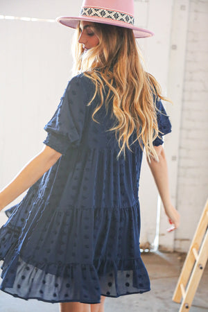 Navy Chiffon Swiss Dot Bubble Sleeve Frill Lined Dress