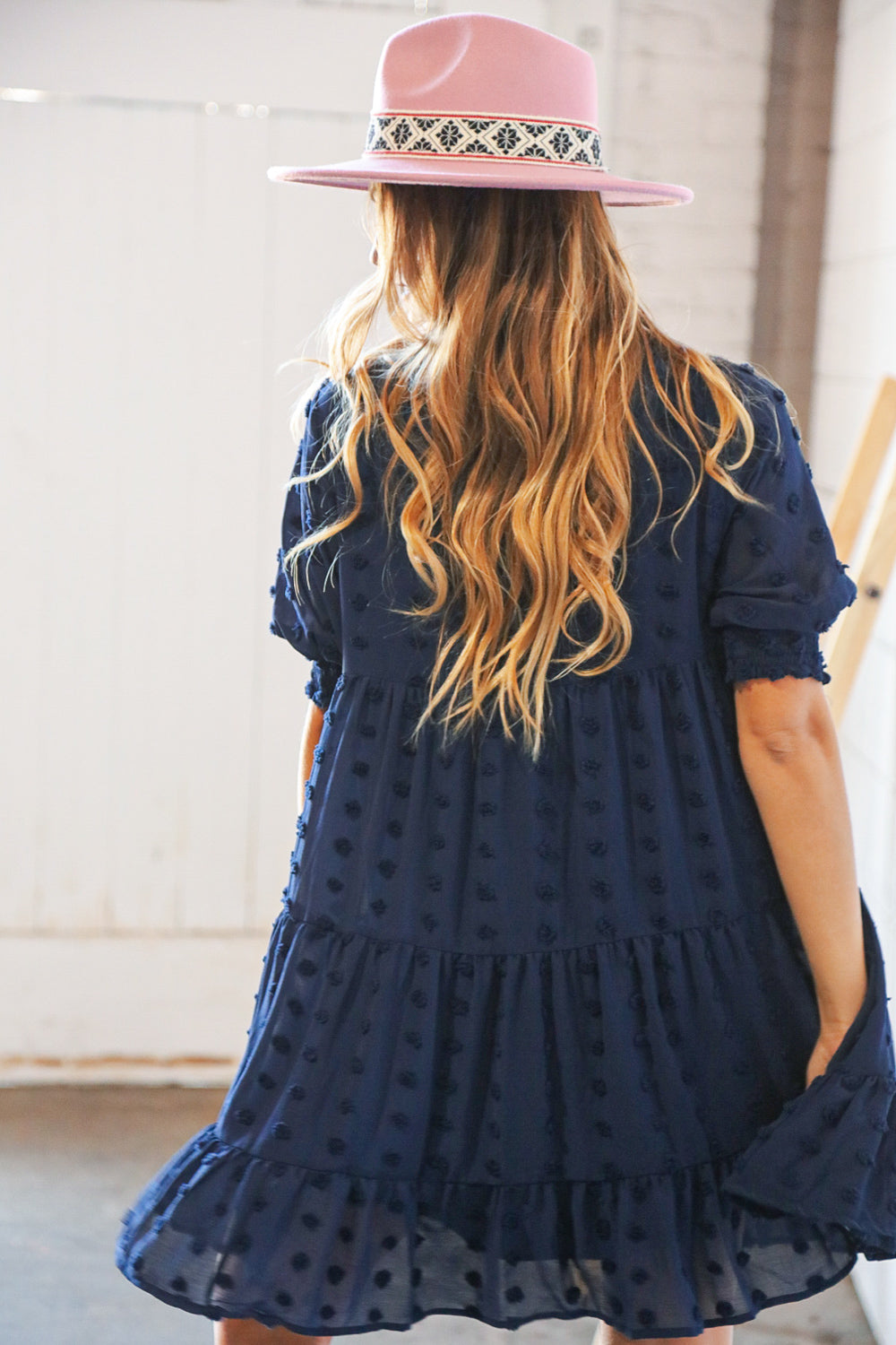 Navy Chiffon Swiss Dot Bubble Sleeve Frill Lined Dress