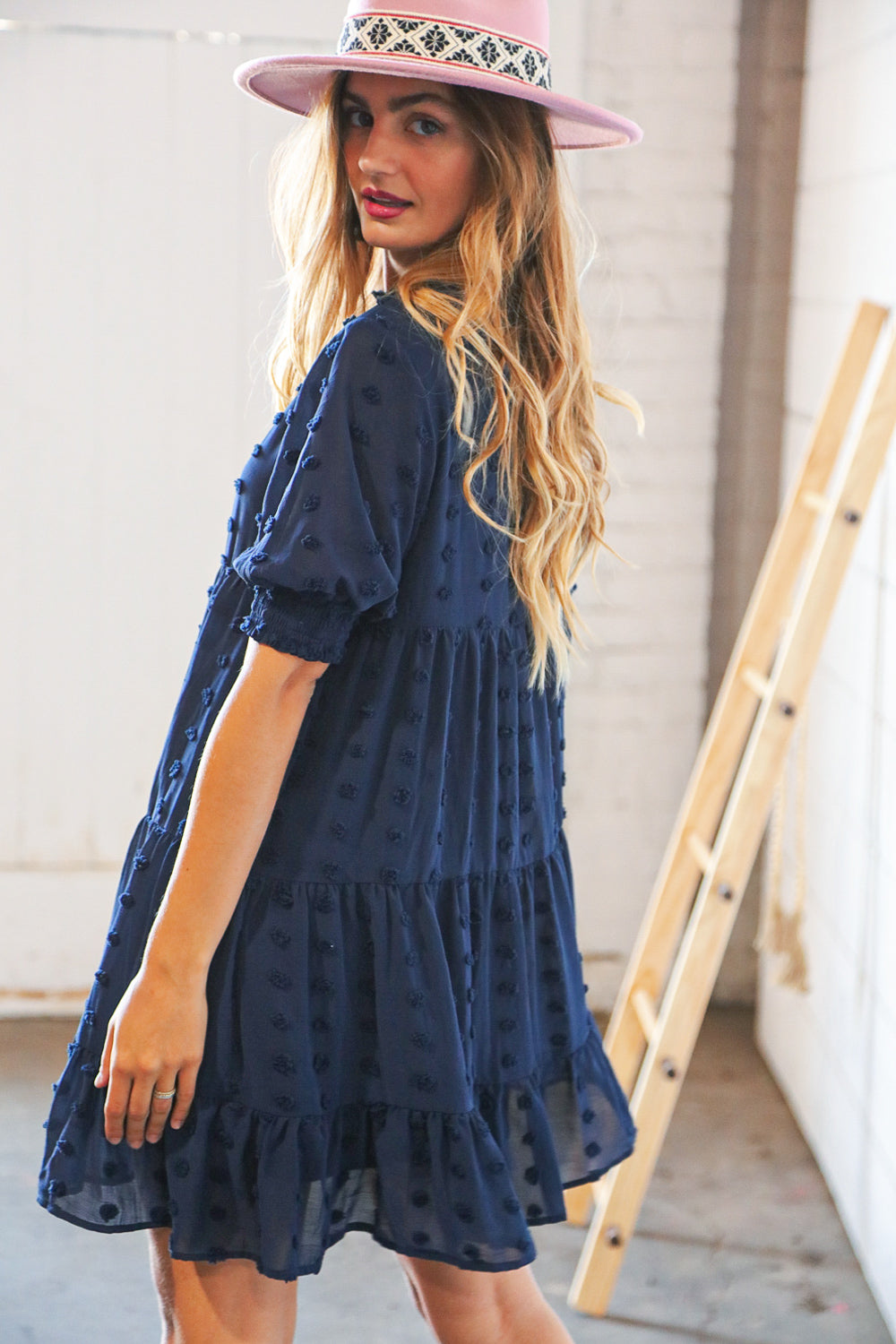 Navy Chiffon Swiss Dot Bubble Sleeve Frill Lined Dress