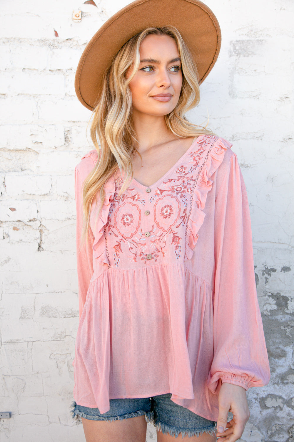 Rose Pink Embroidered Yoke Crochet Ruffle Top