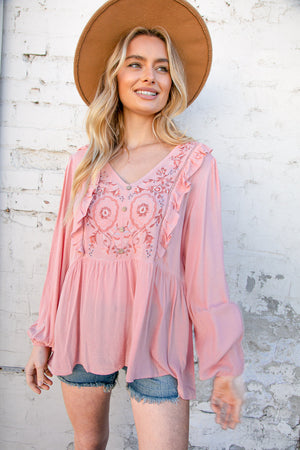 Rose Pink Embroidered Yoke Crochet Ruffle Top