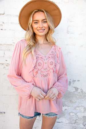 Rose Pink Embroidered Yoke Crochet Ruffle Top