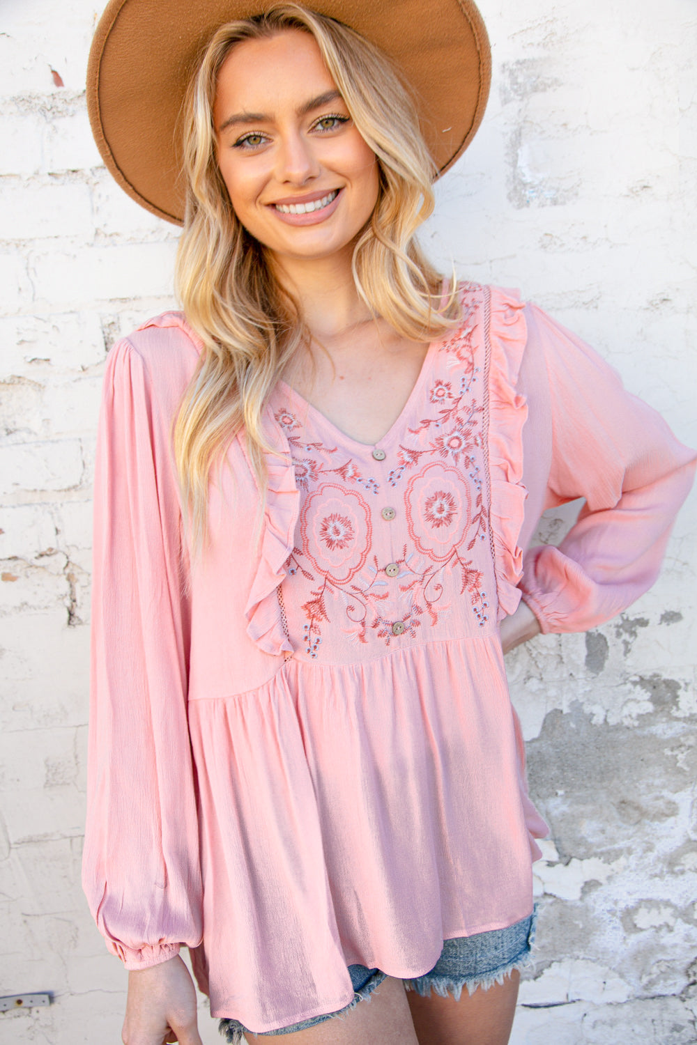 Rose Pink Embroidered Yoke Crochet Ruffle Top