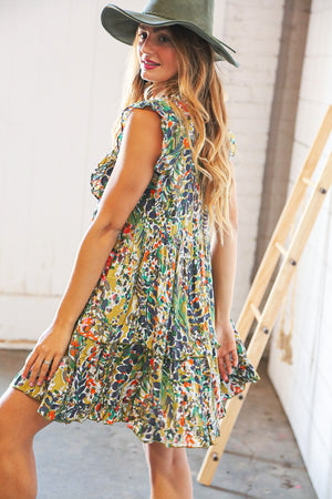 Tropical Print Notched Frill Neck Ruffle Hem Dress