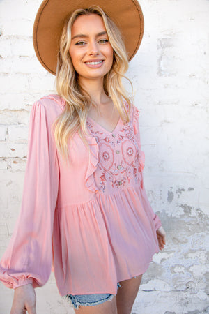 Rose Pink Embroidered Yoke Crochet Ruffle Top