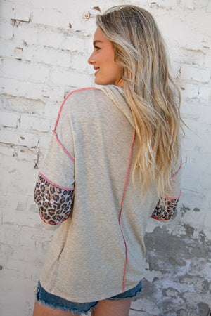 Oatmeal Leopard Print Reverse Stitch Pullover Hoodie