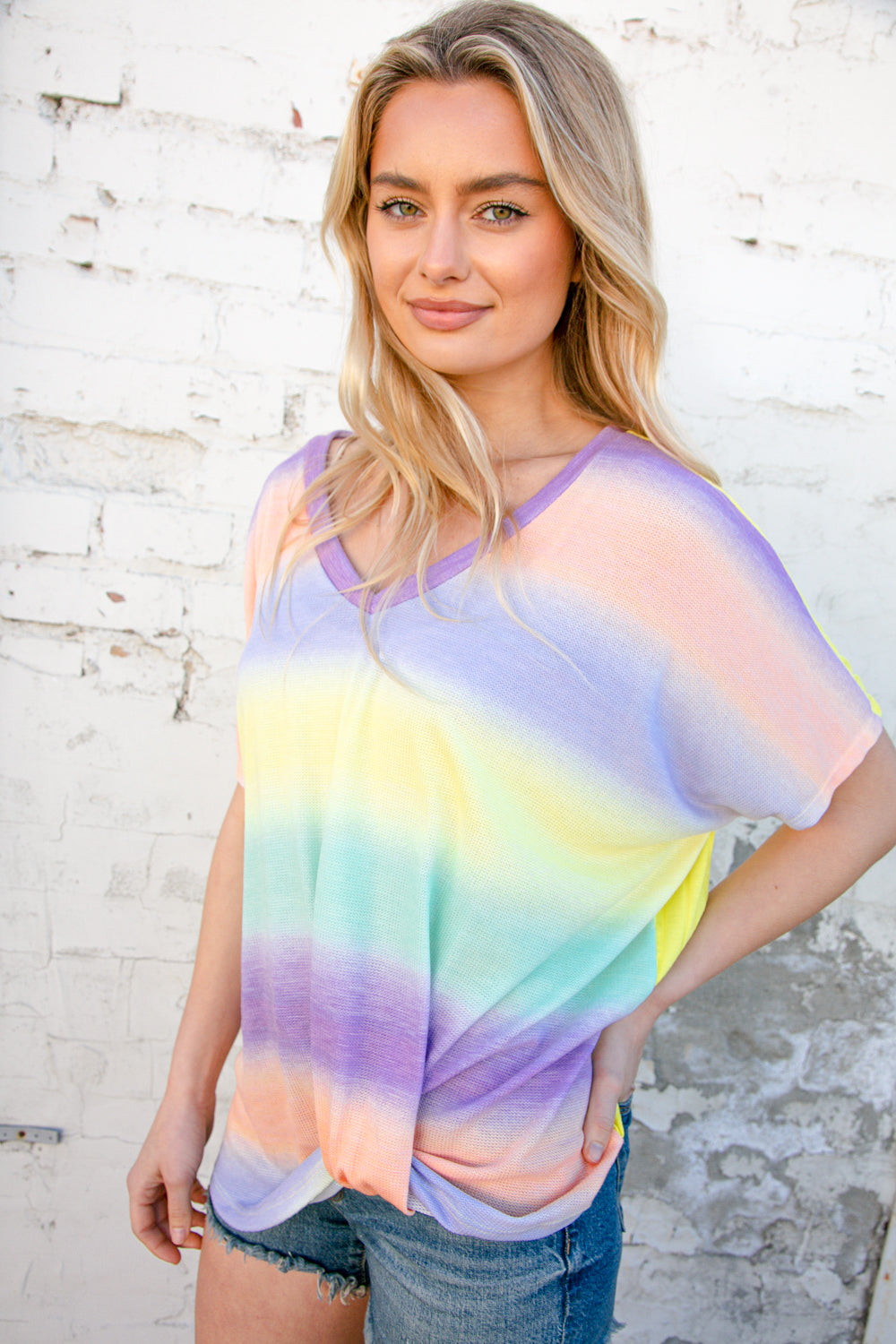 Mardi Gras Ombre Thermal Knit Twist Knot Top