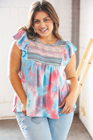 Multicolor Slub Knit Tie Dye Smocked Flutter Sleeve Top