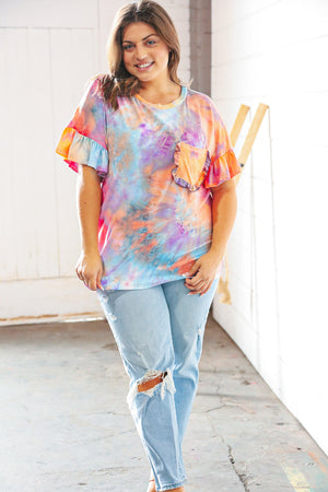 Peach Tie Dye Dolman Ruffle Top with Pocket