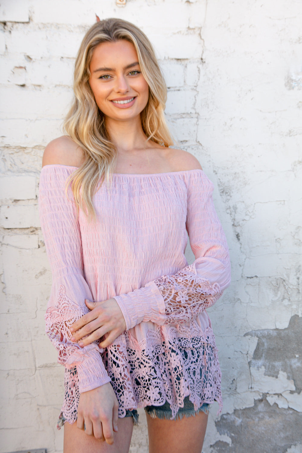 Blush Off-Shoulder Smocked Bubble Sleeve Crochet Top