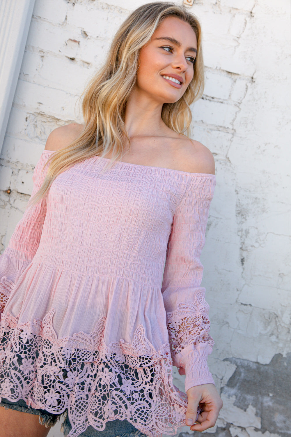 Blush Off-Shoulder Smocked Bubble Sleeve Crochet Top