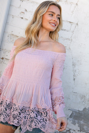 Blush Off-Shoulder Smocked Bubble Sleeve Crochet Top