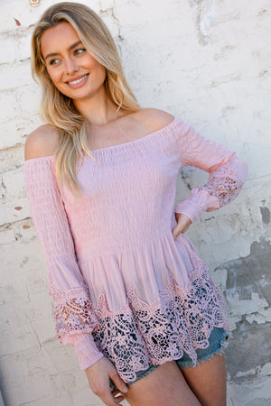 Blush Off-Shoulder Smocked Bubble Sleeve Crochet Top