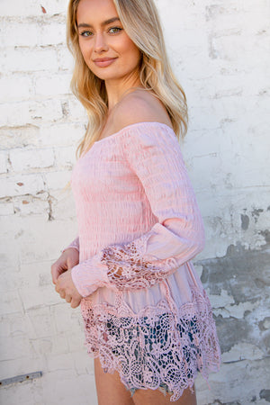 Blush Off-Shoulder Smocked Bubble Sleeve Crochet Top