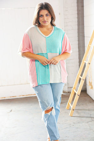 Oatmeal/Mint Linen Dolman Thermal Outseam Top