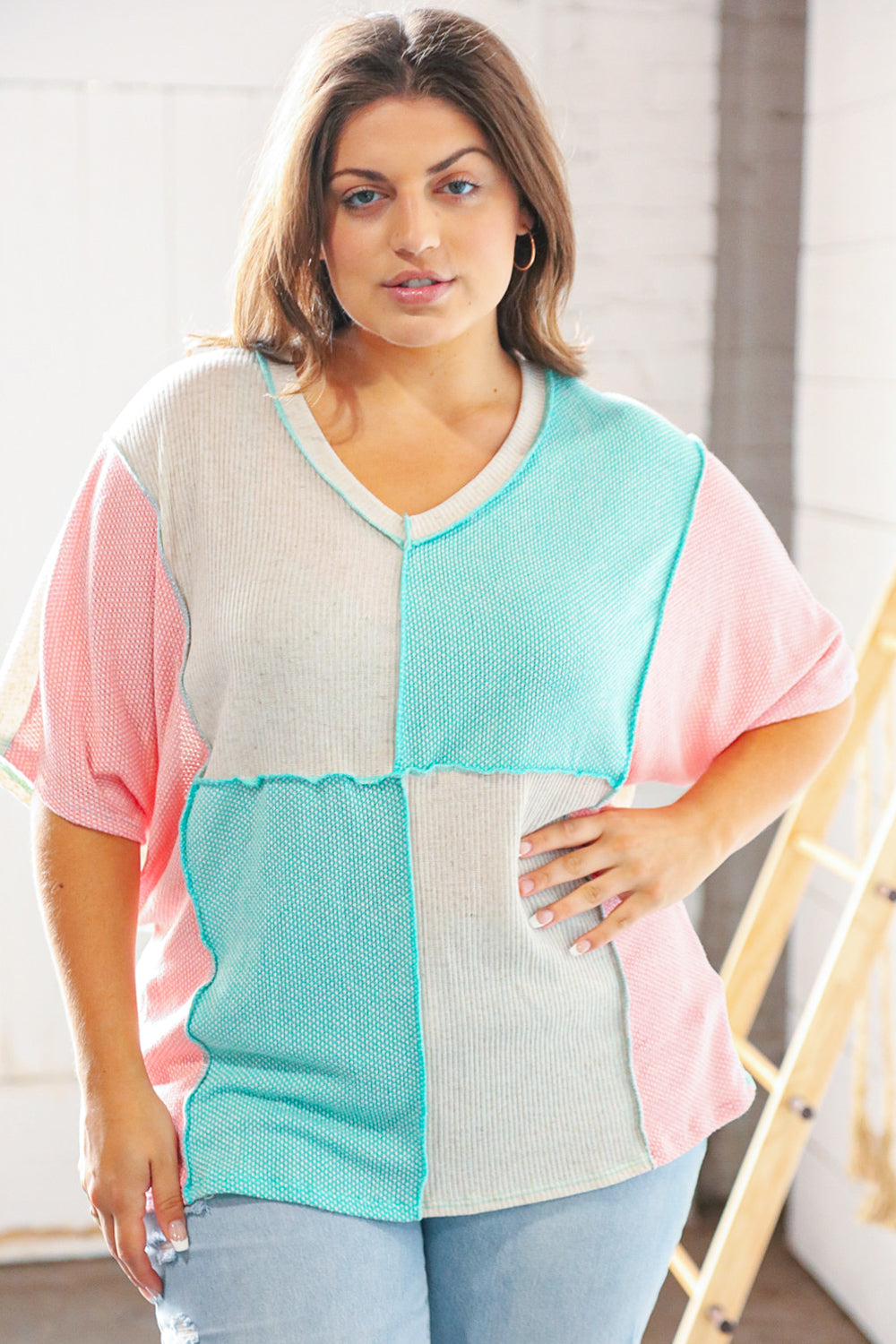 Oatmeal/Mint Linen Dolman Thermal Outseam Top