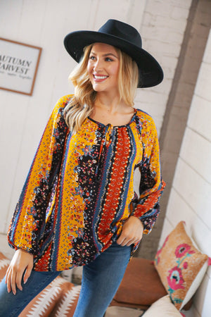 Boho Vertical Floral Front Tie Peasant Woven Blouse