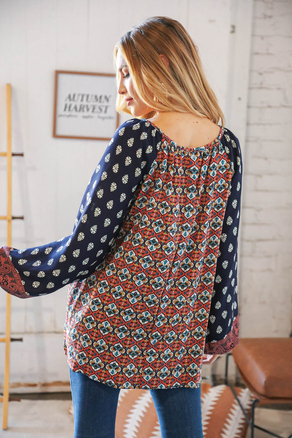 Navy & Rust Paisley Print Bubble Sleeve Keyhole Top