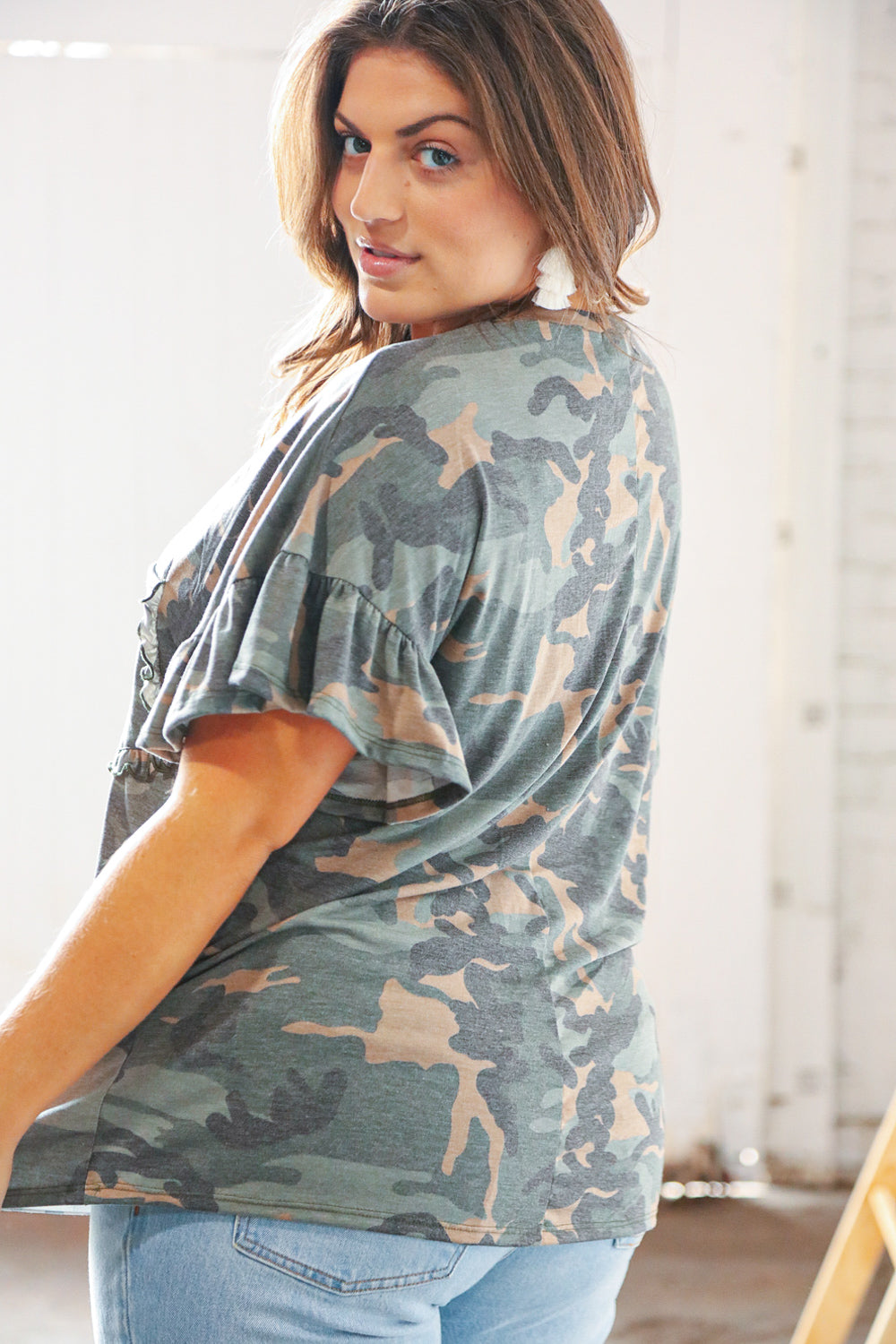 Camo Ruffle Frill Sleeve Dolman Front Pocket Top