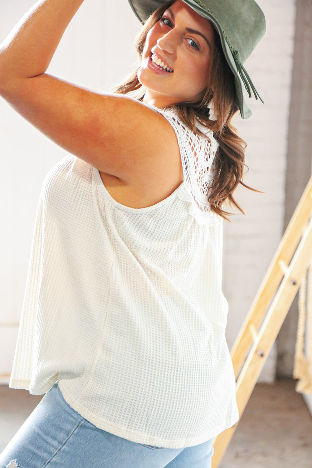 Plus Ivory Cotton Crochet Lace Jacquard Knit Tank