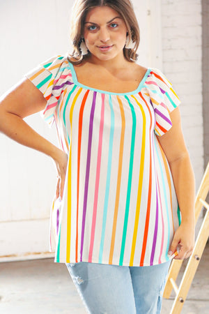 Multicolor Vertical Stripe Ruffle Frill Sleeve Top