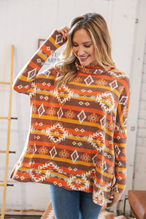 Hacci Aztec Print Side Slit Turtle Neck Tunic