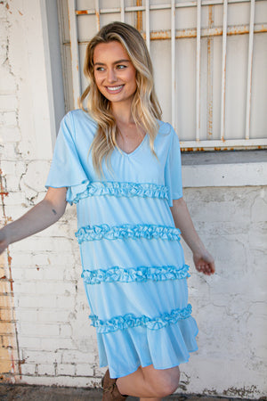 Sky Blue V Neck Flutter Sleeve Frill Ruffle Lined Dress