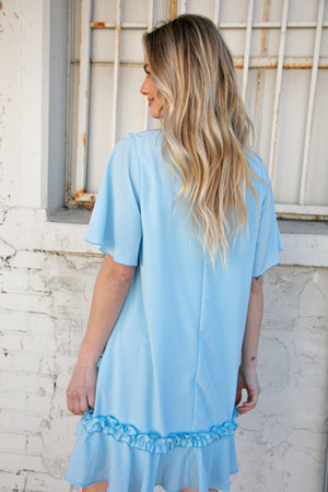 Sky Blue V Neck Flutter Sleeve Frill Ruffle Lined Dress